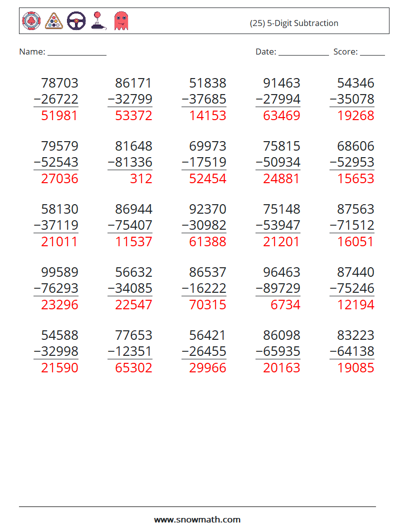 (25) 5-Digit Subtraction Math Worksheets 16 Question, Answer