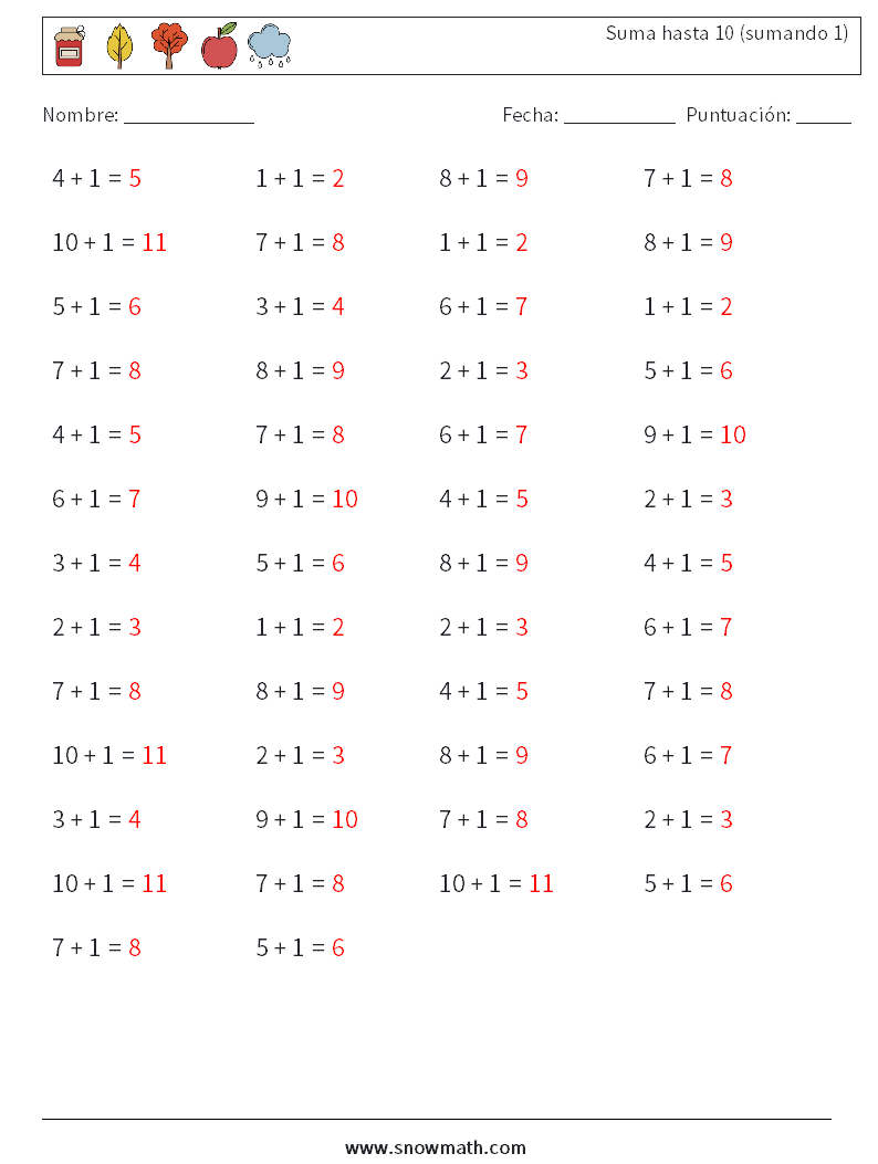 (50) Suma hasta 10 (sumando 1) Hojas de trabajo de matemáticas 1 Pregunta, respuesta