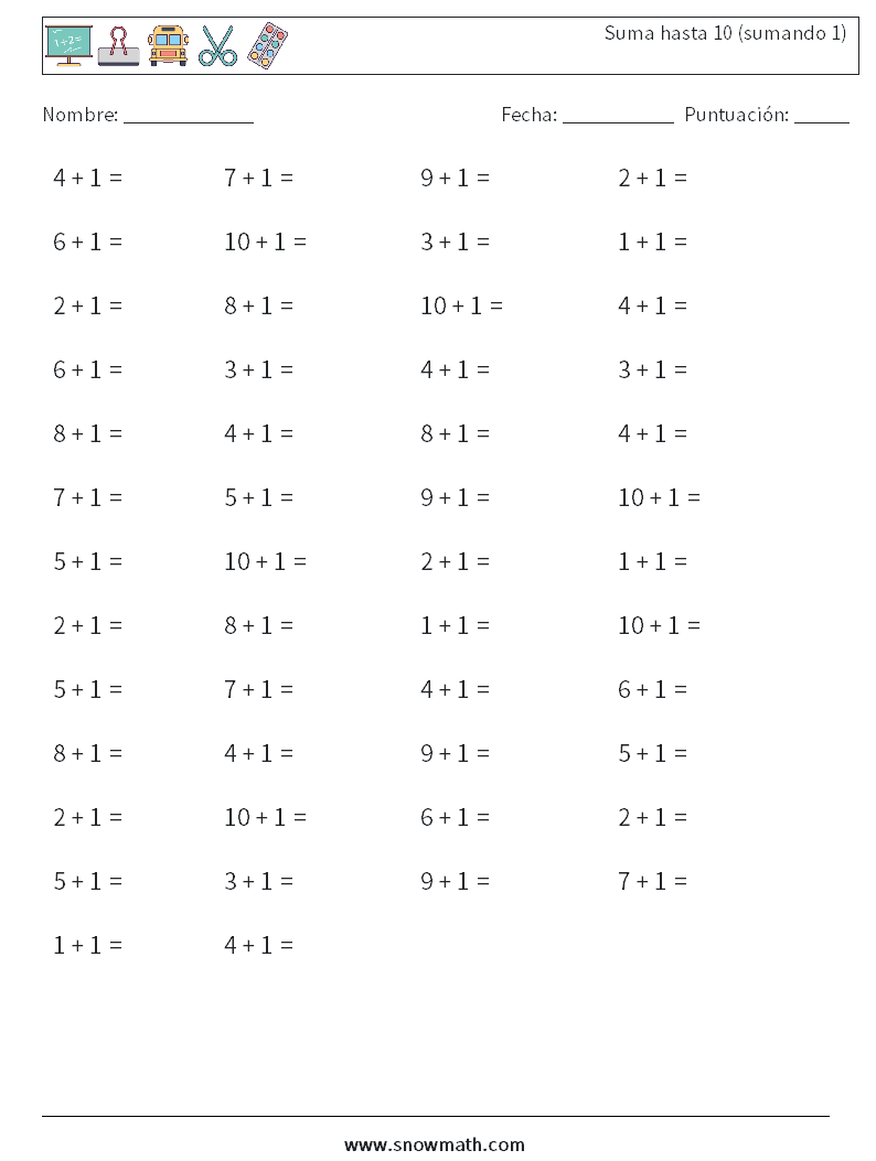(50) Suma hasta 10 (sumando 1) Hojas de trabajo de matemáticas 2