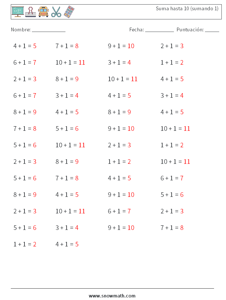 (50) Suma hasta 10 (sumando 1) Hojas de trabajo de matemáticas 2 Pregunta, respuesta