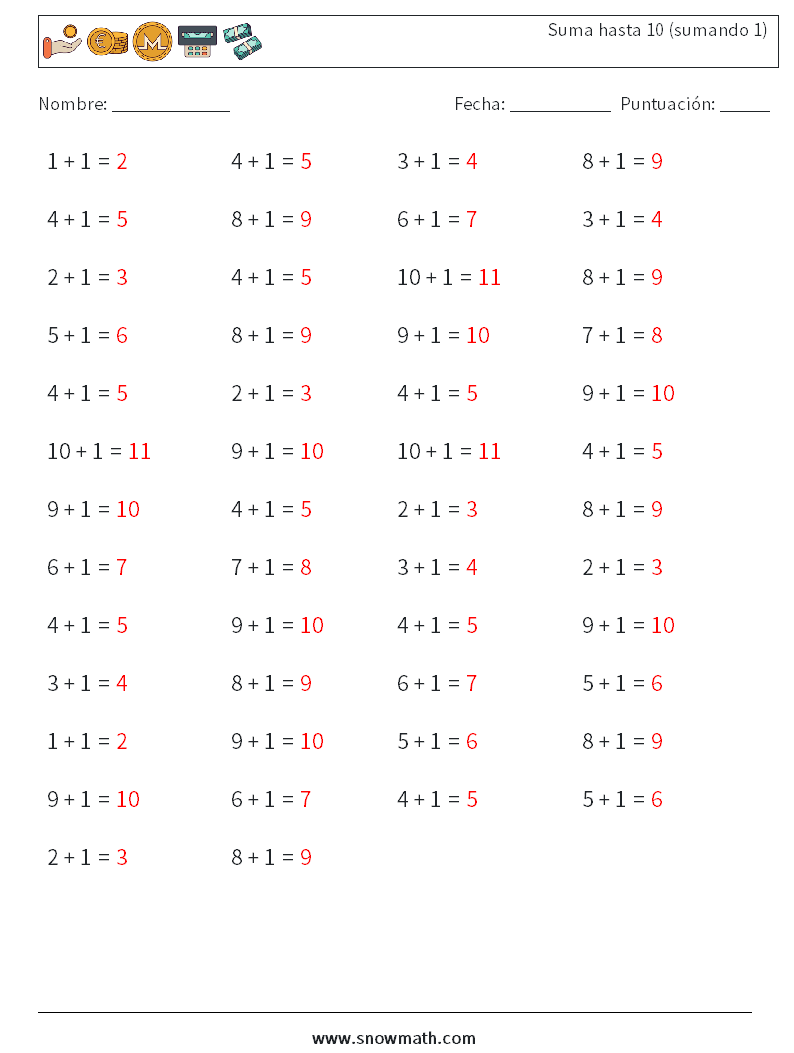 (50) Suma hasta 10 (sumando 1) Hojas de trabajo de matemáticas 3 Pregunta, respuesta