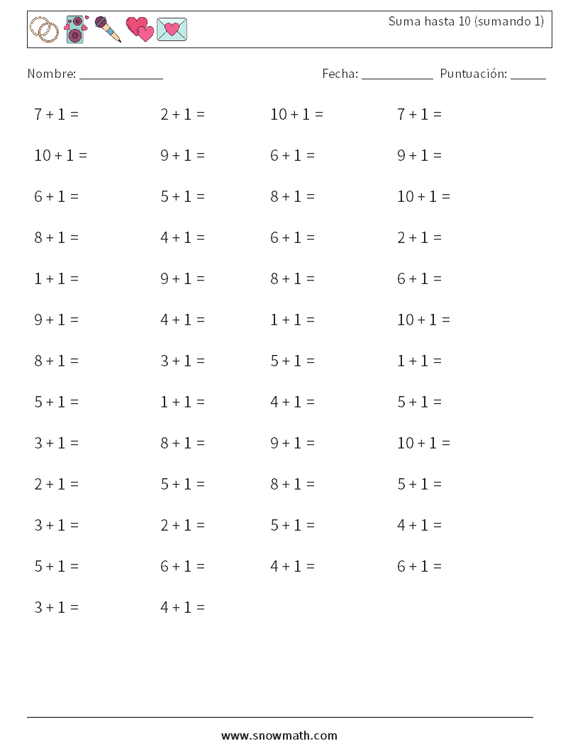 (50) Suma hasta 10 (sumando 1) Hojas de trabajo de matemáticas 4