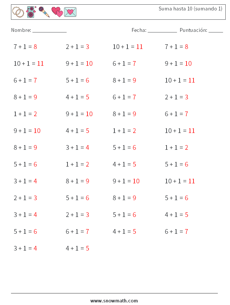 (50) Suma hasta 10 (sumando 1) Hojas de trabajo de matemáticas 4 Pregunta, respuesta