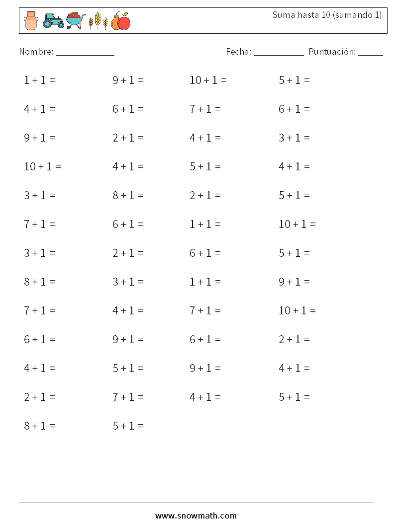 (50) Suma hasta 10 (sumando 1) Hojas de trabajo de matemáticas 5