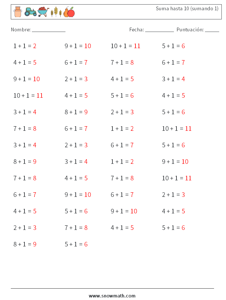 (50) Suma hasta 10 (sumando 1) Hojas de trabajo de matemáticas 5 Pregunta, respuesta