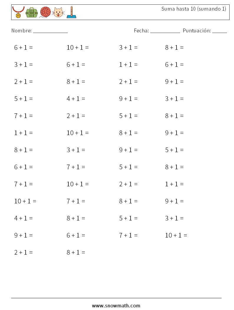 (50) Suma hasta 10 (sumando 1) Hojas de trabajo de matemáticas 8