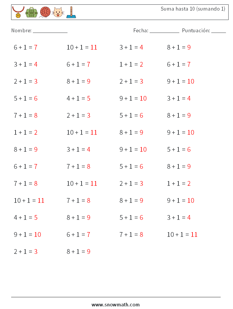 (50) Suma hasta 10 (sumando 1) Hojas de trabajo de matemáticas 8 Pregunta, respuesta