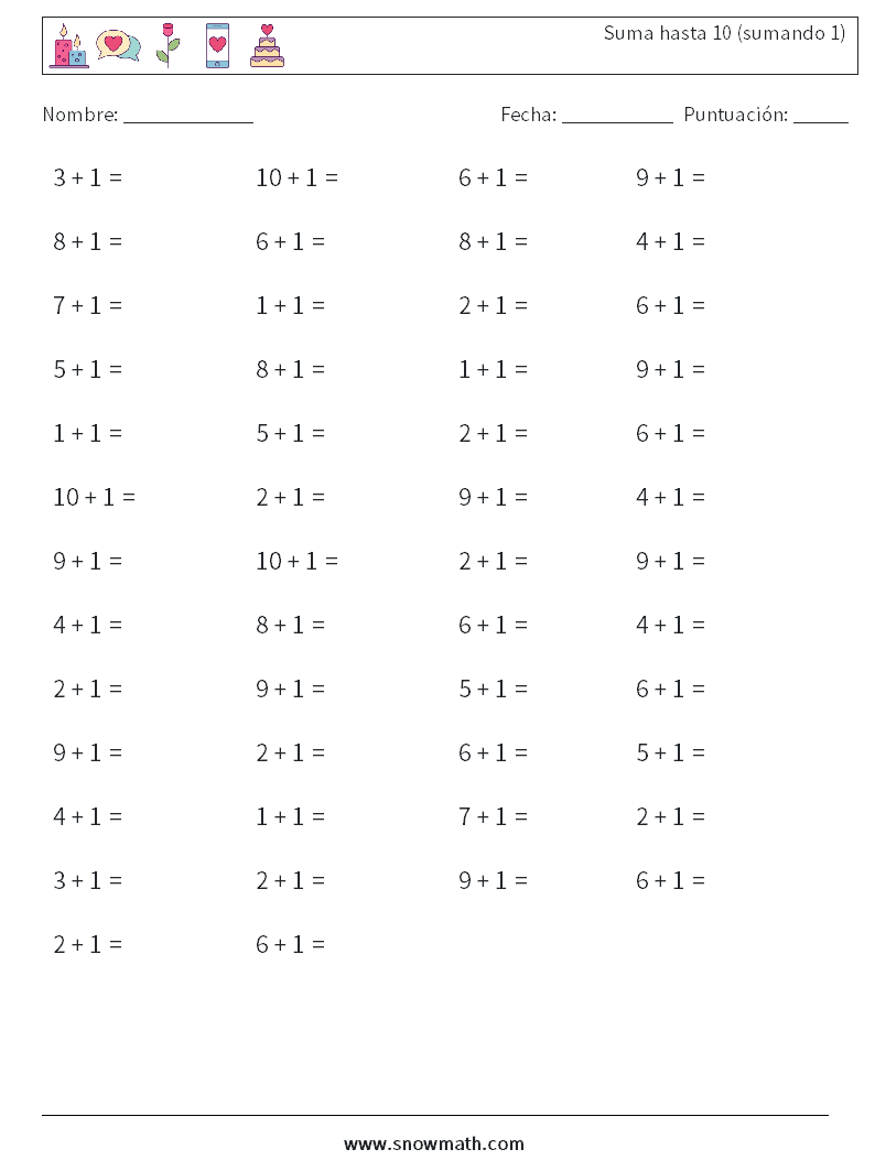 (50) Suma hasta 10 (sumando 1) Hojas de trabajo de matemáticas 9