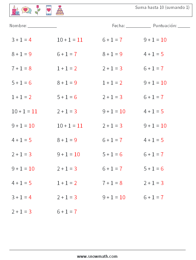 (50) Suma hasta 10 (sumando 1) Hojas de trabajo de matemáticas 9 Pregunta, respuesta