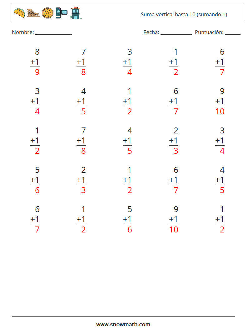 (25) Suma vertical hasta 10 (sumando 1) Hojas de trabajo de matemáticas 1 Pregunta, respuesta