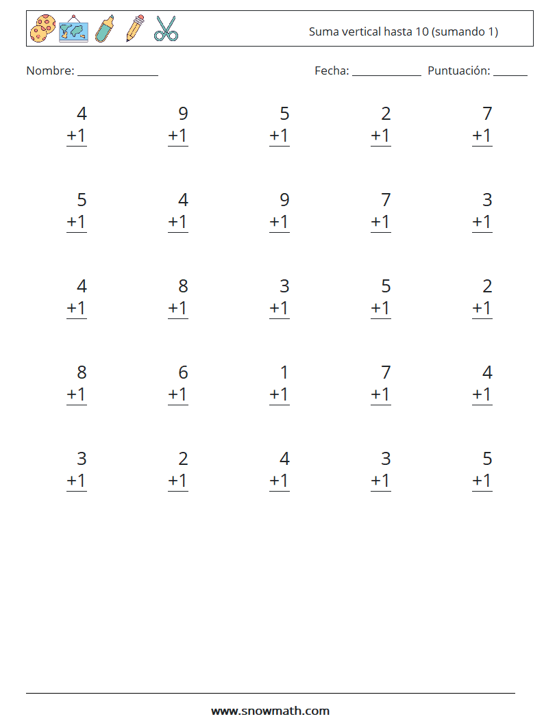 (25) Suma vertical hasta 10 (sumando 1) Hojas de trabajo de matemáticas 3