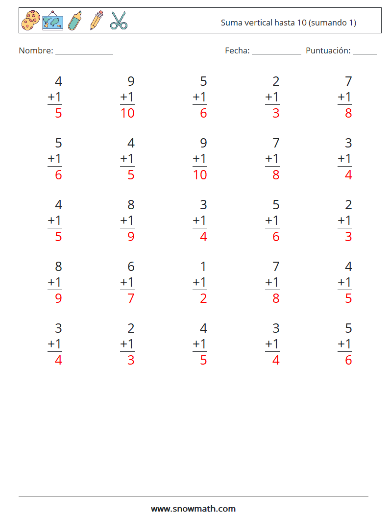(25) Suma vertical hasta 10 (sumando 1) Hojas de trabajo de matemáticas 3 Pregunta, respuesta