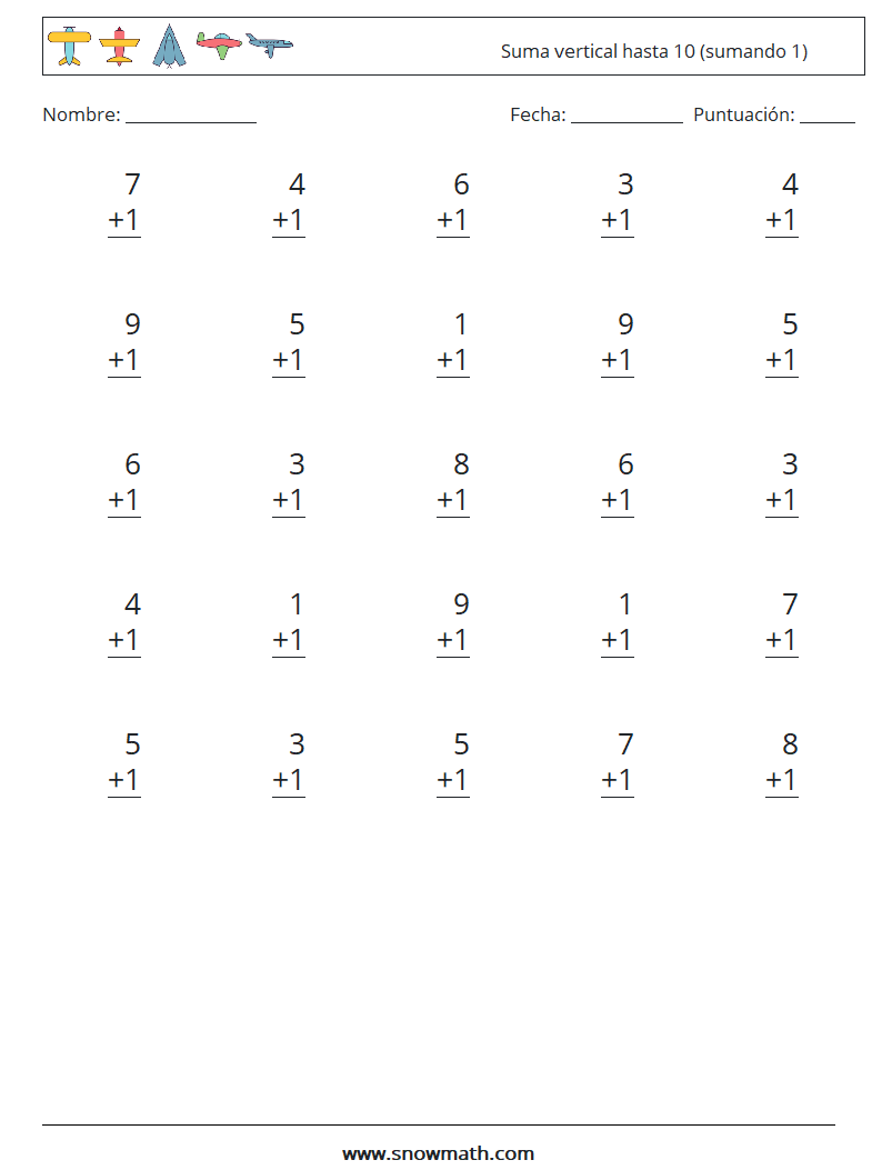 (25) Suma vertical hasta 10 (sumando 1) Hojas de trabajo de matemáticas 4