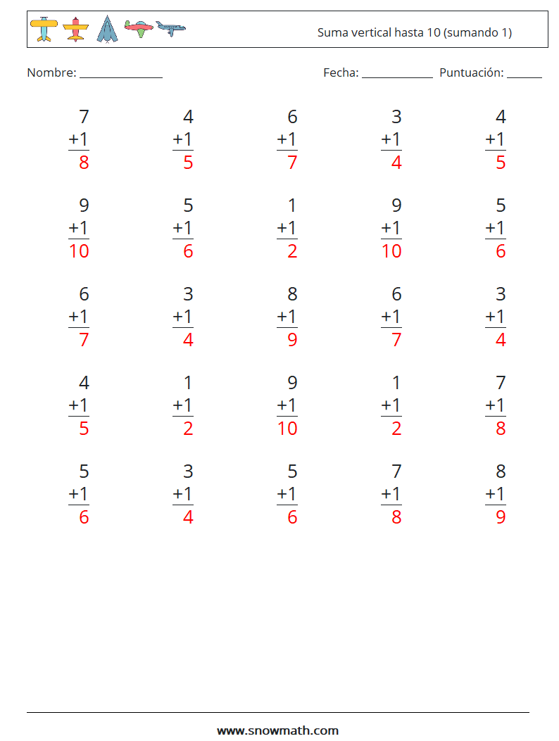 (25) Suma vertical hasta 10 (sumando 1) Hojas de trabajo de matemáticas 4 Pregunta, respuesta