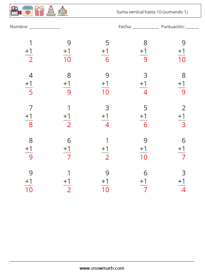 (25) Suma vertical hasta 10 (sumando 1) Hojas de trabajo de matemáticas 5 Pregunta, respuesta