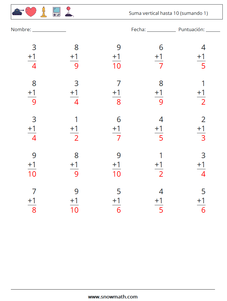 (25) Suma vertical hasta 10 (sumando 1) Hojas de trabajo de matemáticas 6 Pregunta, respuesta
