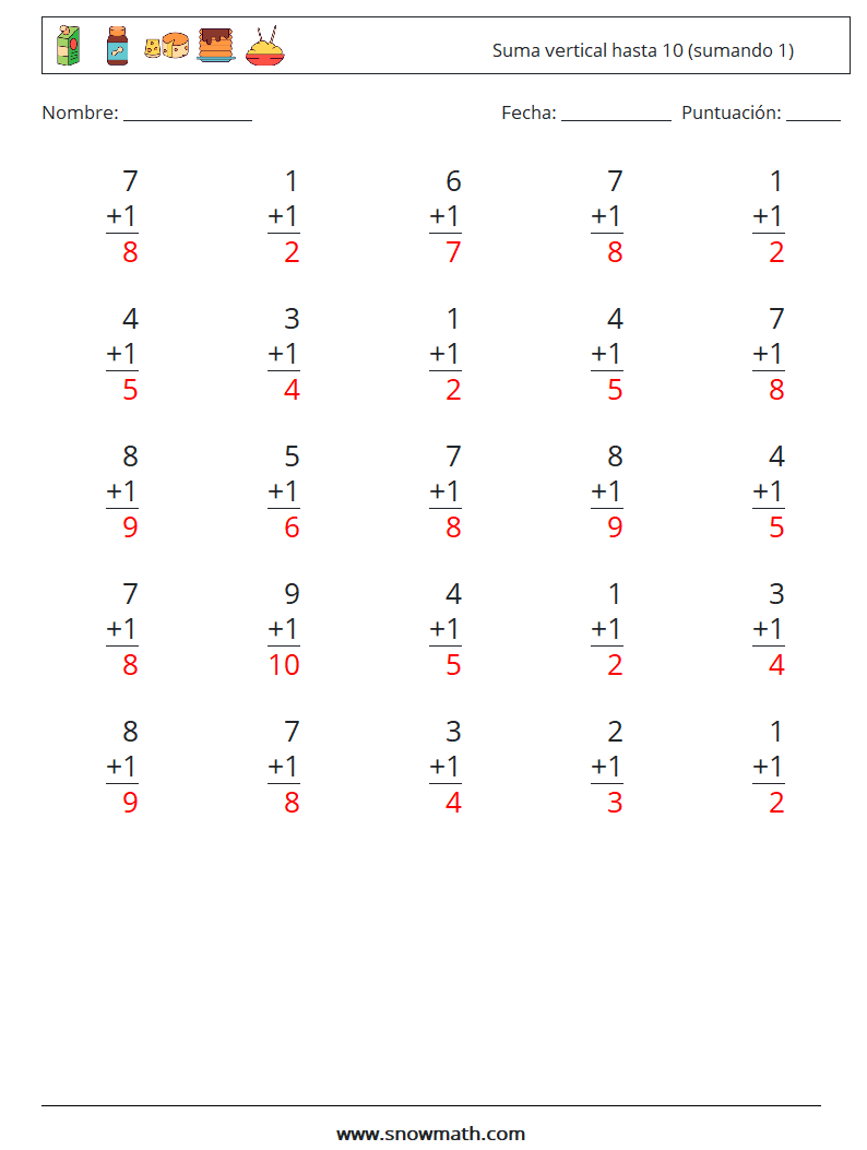 (25) Suma vertical hasta 10 (sumando 1) Hojas de trabajo de matemáticas 7 Pregunta, respuesta