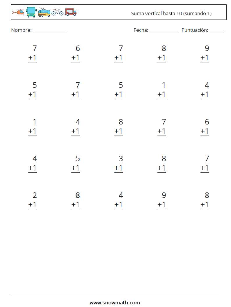 (25) Suma vertical hasta 10 (sumando 1) Hojas de trabajo de matemáticas 9