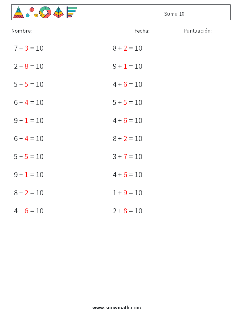 (20) Suma 10 Hojas de trabajo de matemáticas 1 Pregunta, respuesta