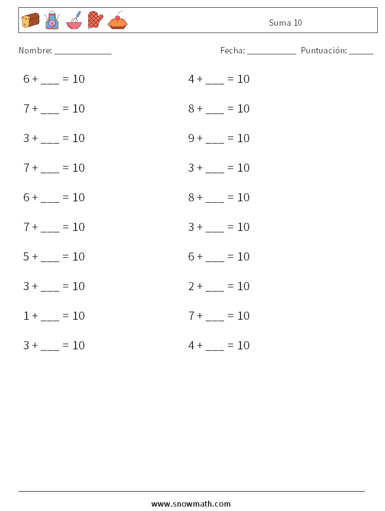 (20) Suma 10 Hojas de trabajo de matemáticas 2
