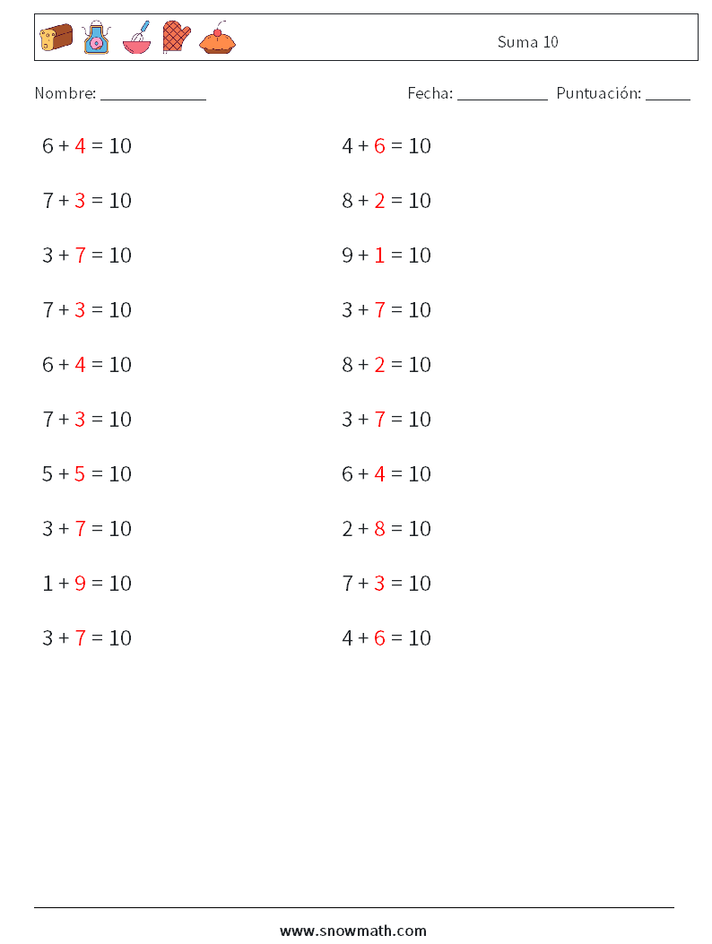 (20) Suma 10 Hojas de trabajo de matemáticas 2 Pregunta, respuesta