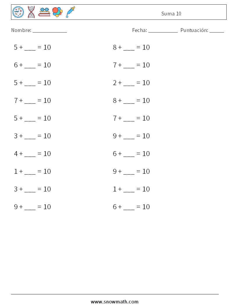 (20) Suma 10 Hojas de trabajo de matemáticas 3