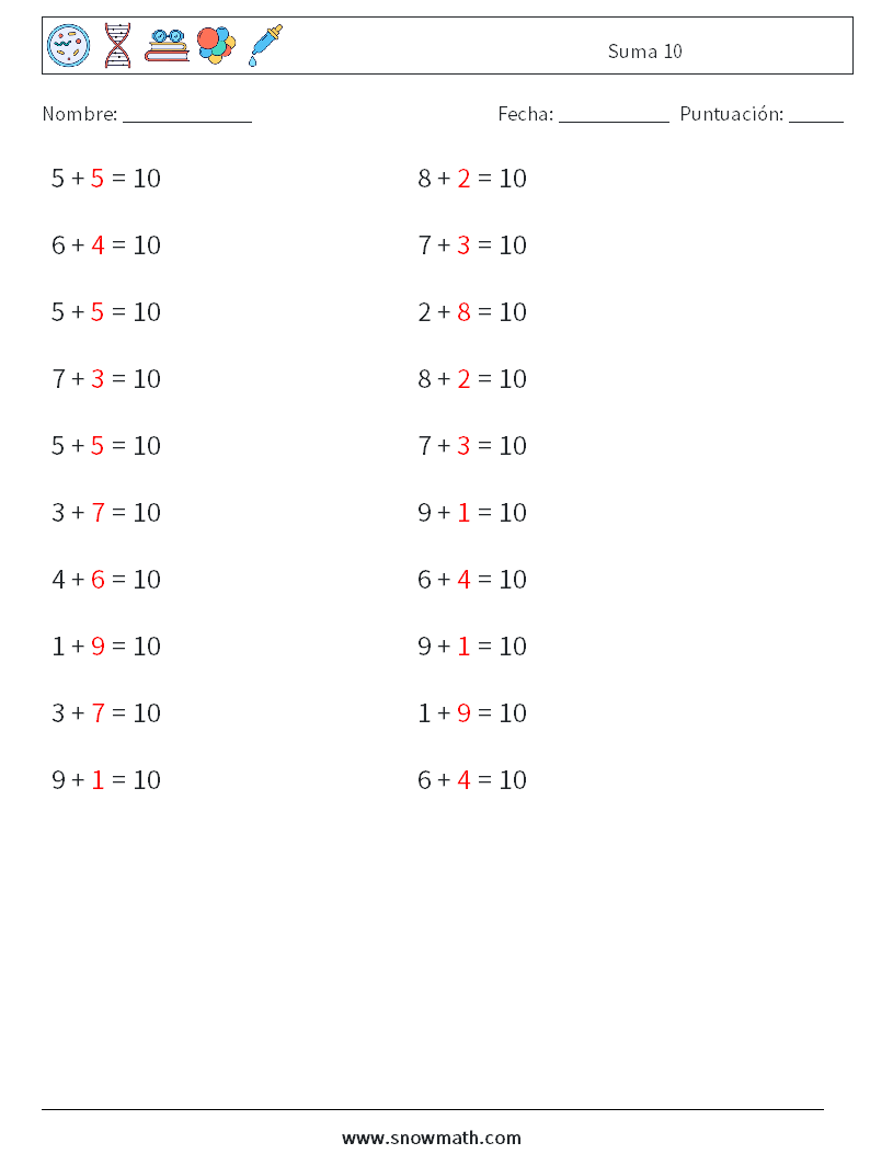 (20) Suma 10 Hojas de trabajo de matemáticas 3 Pregunta, respuesta