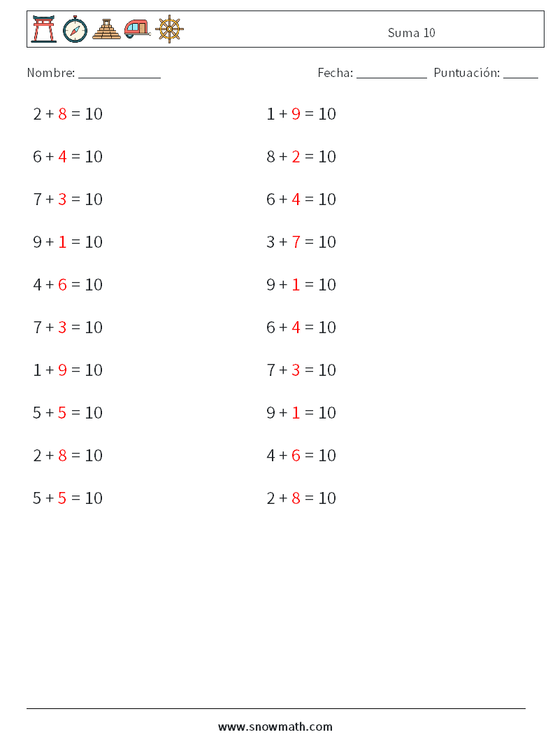 (20) Suma 10 Hojas de trabajo de matemáticas 5 Pregunta, respuesta