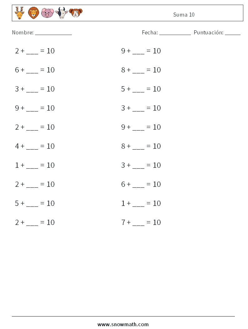 (20) Suma 10 Hojas de trabajo de matemáticas 6