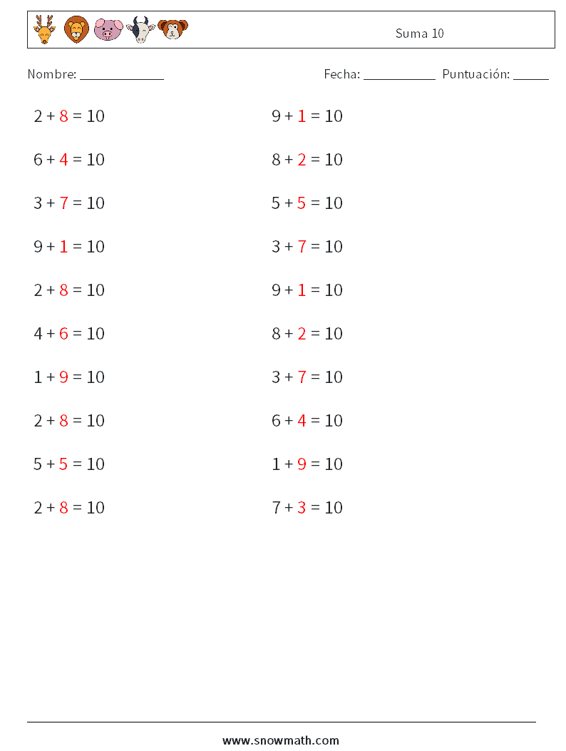 (20) Suma 10 Hojas de trabajo de matemáticas 6 Pregunta, respuesta