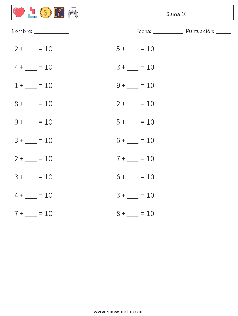 (20) Suma 10 Hojas de trabajo de matemáticas 7