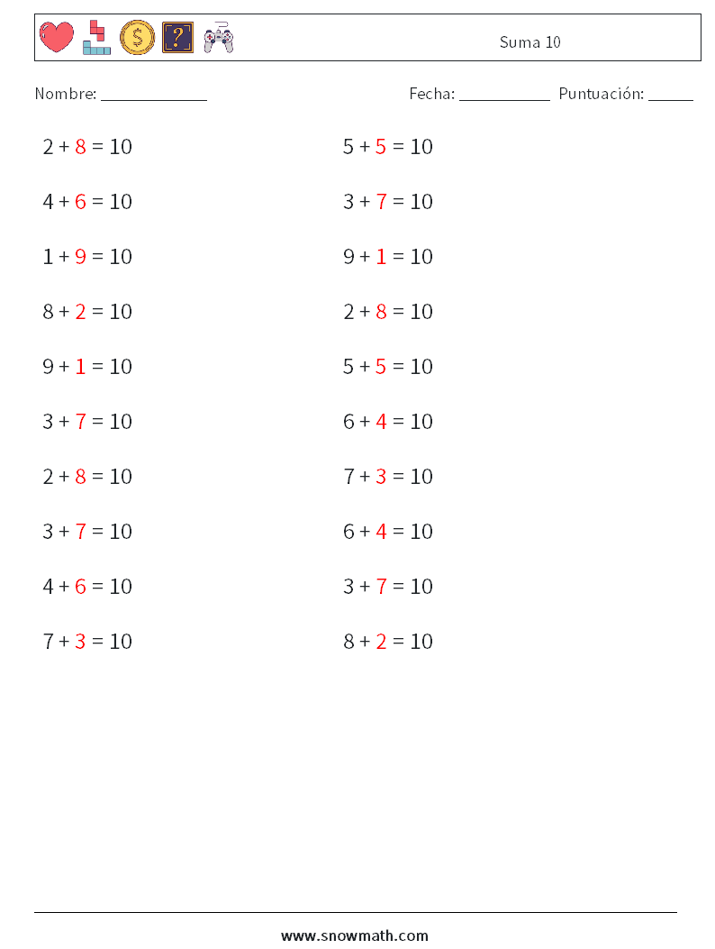 (20) Suma 10 Hojas de trabajo de matemáticas 7 Pregunta, respuesta