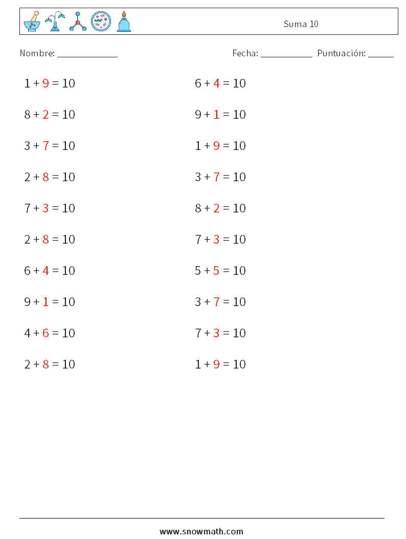 (20) Suma 10 Hojas de trabajo de matemáticas 8 Pregunta, respuesta