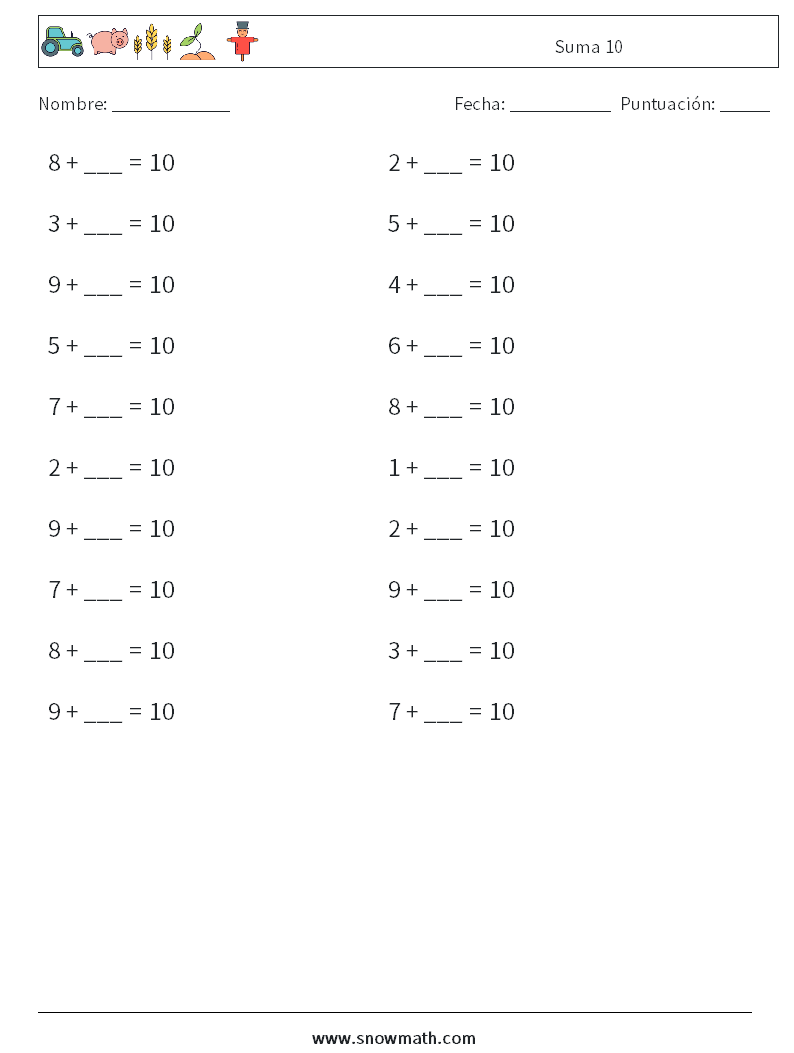 (20) Suma 10 Hojas de trabajo de matemáticas 9
