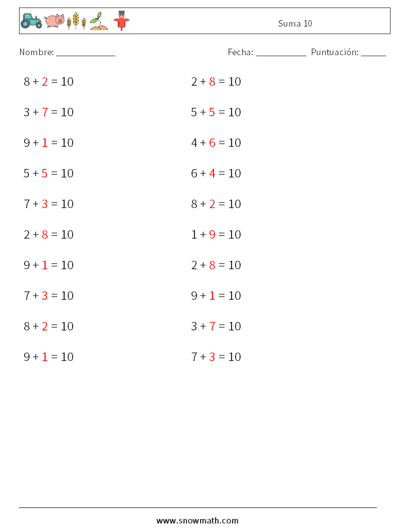(20) Suma 10 Hojas de trabajo de matemáticas 9 Pregunta, respuesta