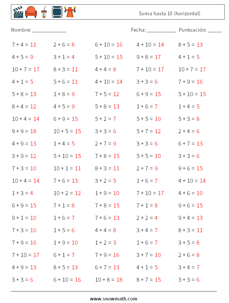 (100) Suma hasta 10 (horizontal) Hojas de trabajo de matemáticas 1 Pregunta, respuesta