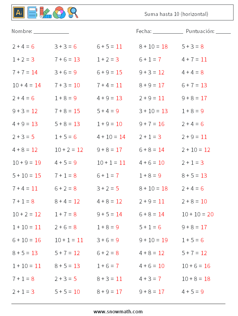 (100) Suma hasta 10 (horizontal) Hojas de trabajo de matemáticas 3 Pregunta, respuesta
