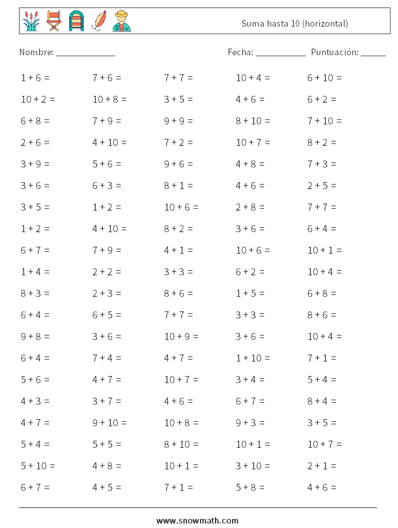 (100) Suma hasta 10 (horizontal) Hojas de trabajo de matemáticas 4