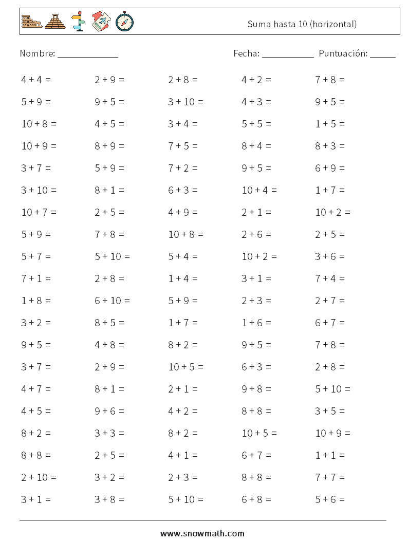 (100) Suma hasta 10 (horizontal) Hojas de trabajo de matemáticas 7
