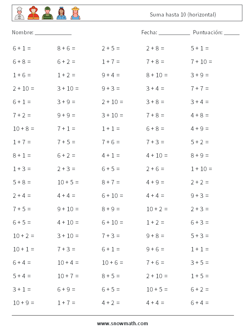 (100) Suma hasta 10 (horizontal) Hojas de trabajo de matemáticas 8
