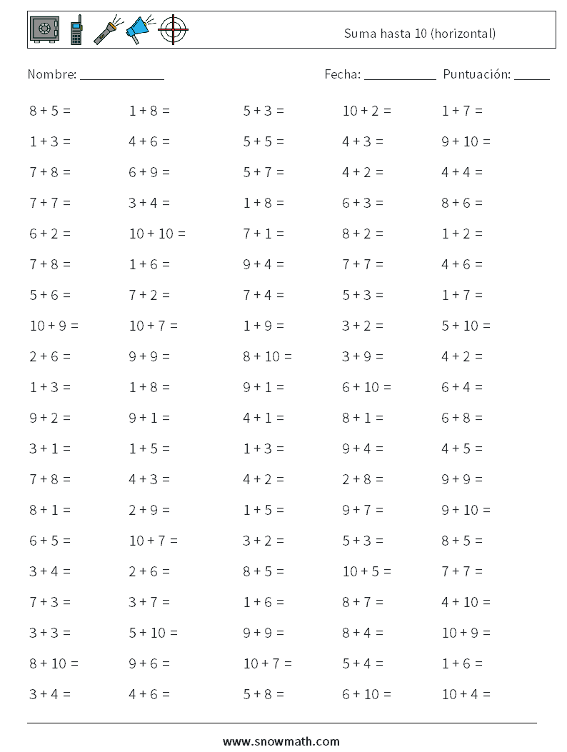 (100) Suma hasta 10 (horizontal) Hojas de trabajo de matemáticas 9