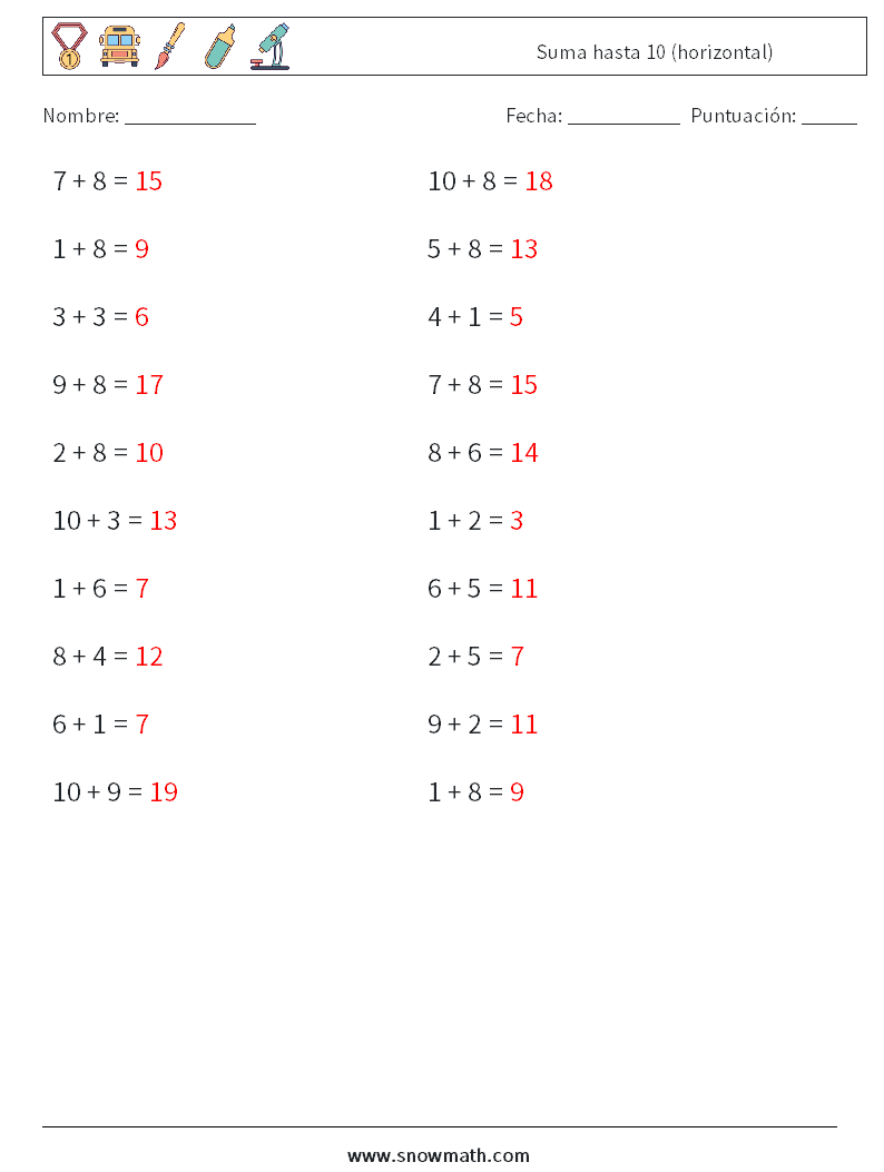 (20) Suma hasta 10 (horizontal) Hojas de trabajo de matemáticas 1 Pregunta, respuesta
