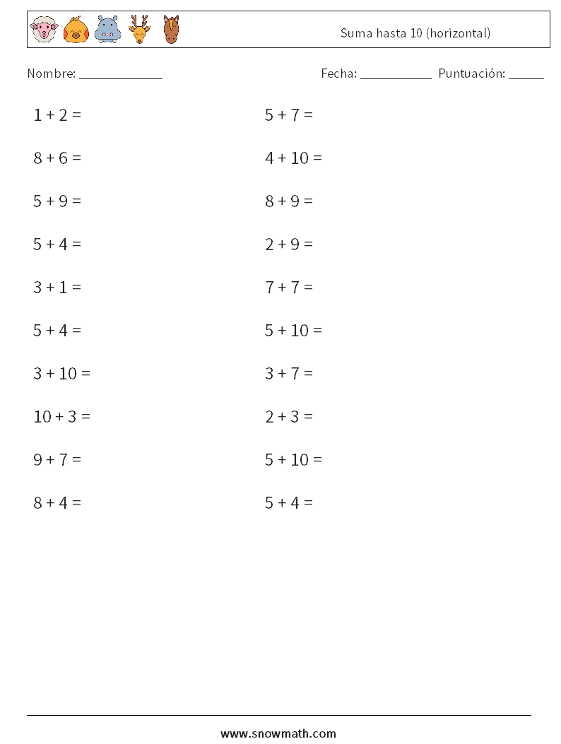 (20) Suma hasta 10 (horizontal) Hojas de trabajo de matemáticas 2