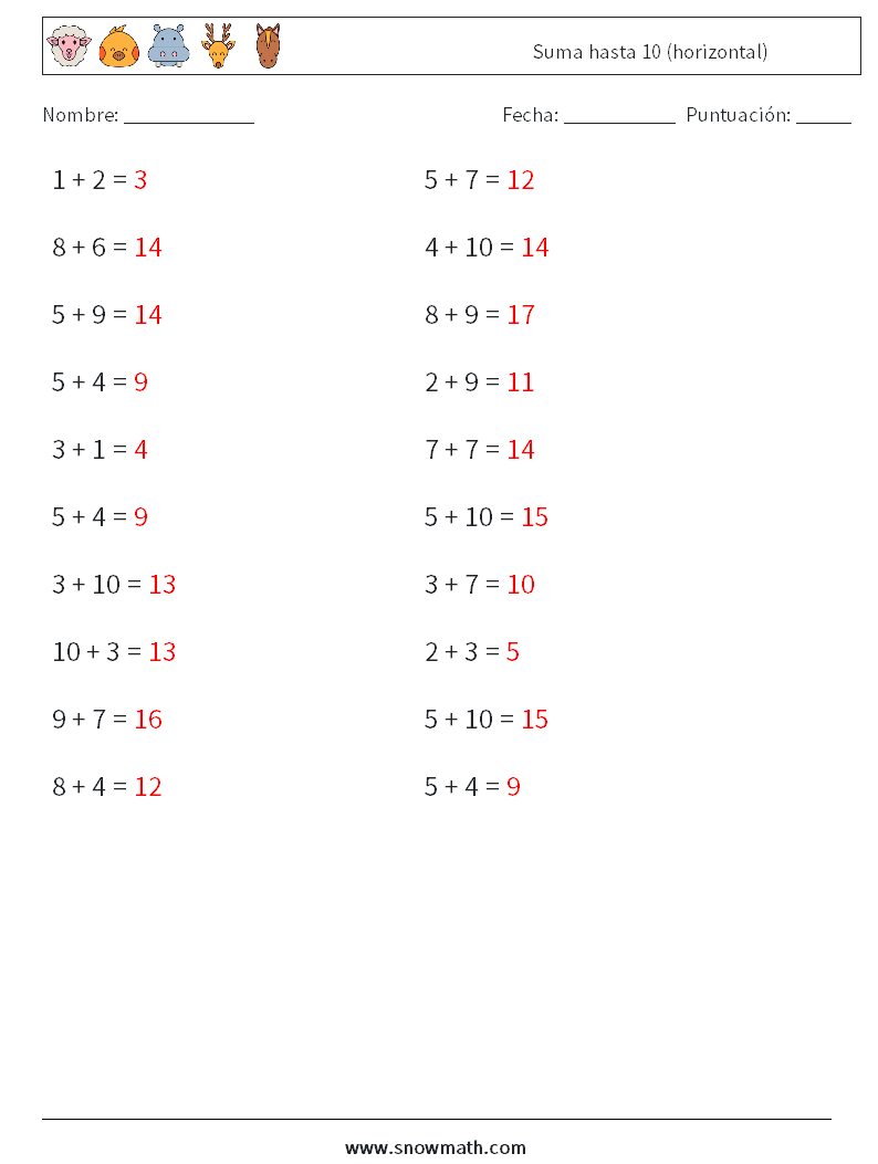 (20) Suma hasta 10 (horizontal) Hojas de trabajo de matemáticas 2 Pregunta, respuesta
