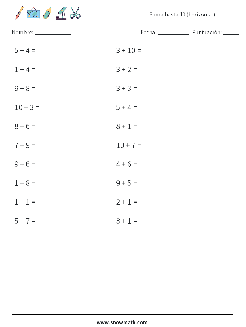 (20) Suma hasta 10 (horizontal) Hojas de trabajo de matemáticas 3