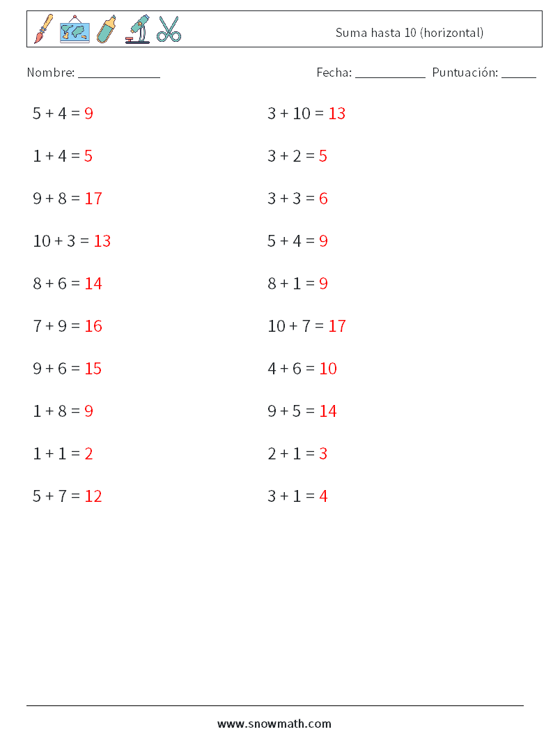 (20) Suma hasta 10 (horizontal) Hojas de trabajo de matemáticas 3 Pregunta, respuesta
