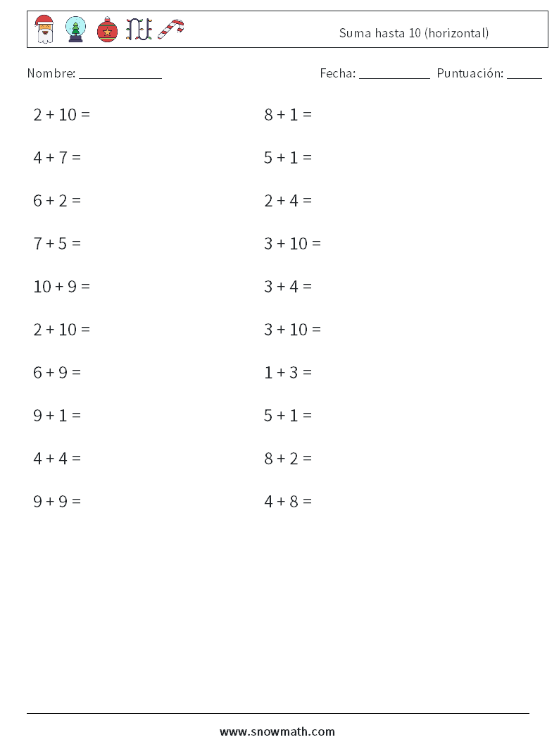 (20) Suma hasta 10 (horizontal) Hojas de trabajo de matemáticas 4