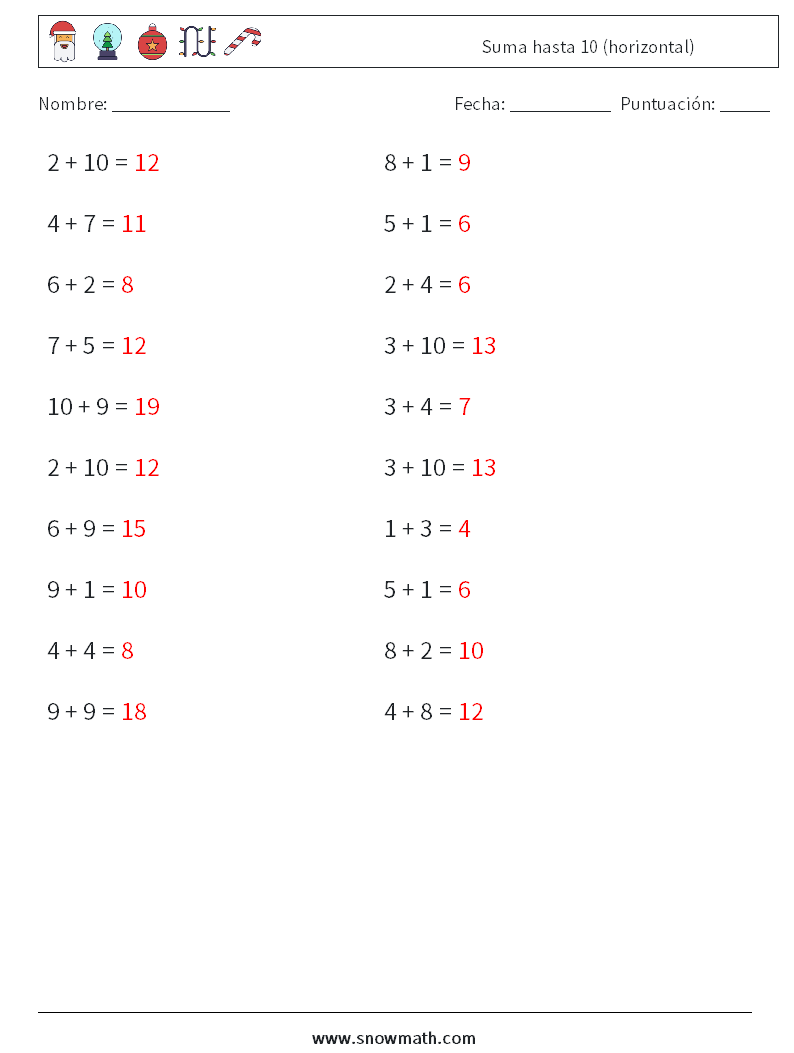 (20) Suma hasta 10 (horizontal) Hojas de trabajo de matemáticas 4 Pregunta, respuesta