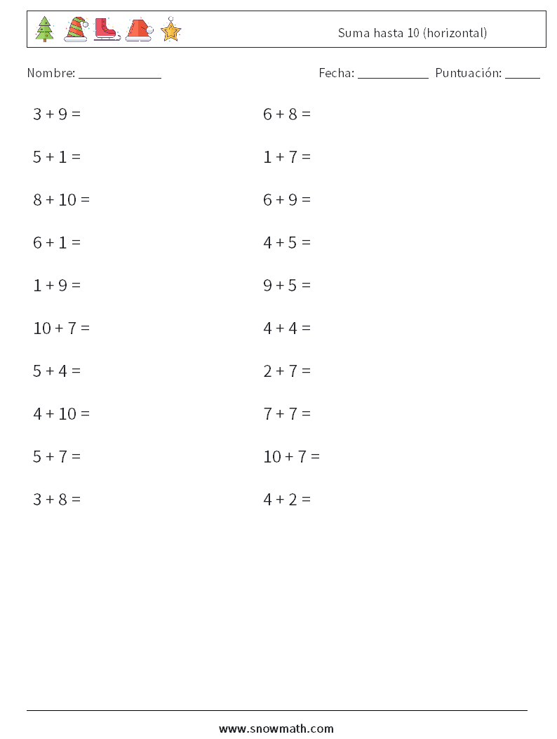 (20) Suma hasta 10 (horizontal) Hojas de trabajo de matemáticas 5