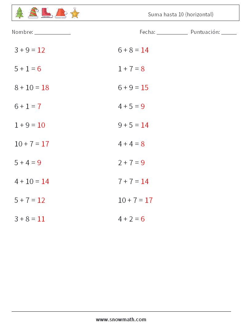 (20) Suma hasta 10 (horizontal) Hojas de trabajo de matemáticas 5 Pregunta, respuesta